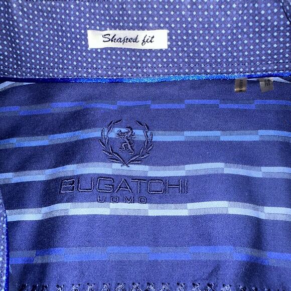 Bugatchi Uomo Men's Dress Shirt Shaped Fit Medium Blue Stripe Pattern - Picture 4 of 16